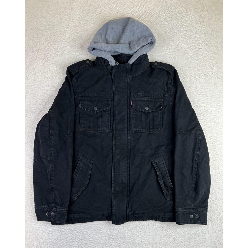 Levis Jacket Mens Large Black Canvas Military Hooded Sherpa Lined Full Zip